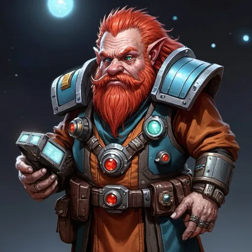 Prompt: Sci-fi starfinder space faring red headed Dwarf shopkeep junk dealer