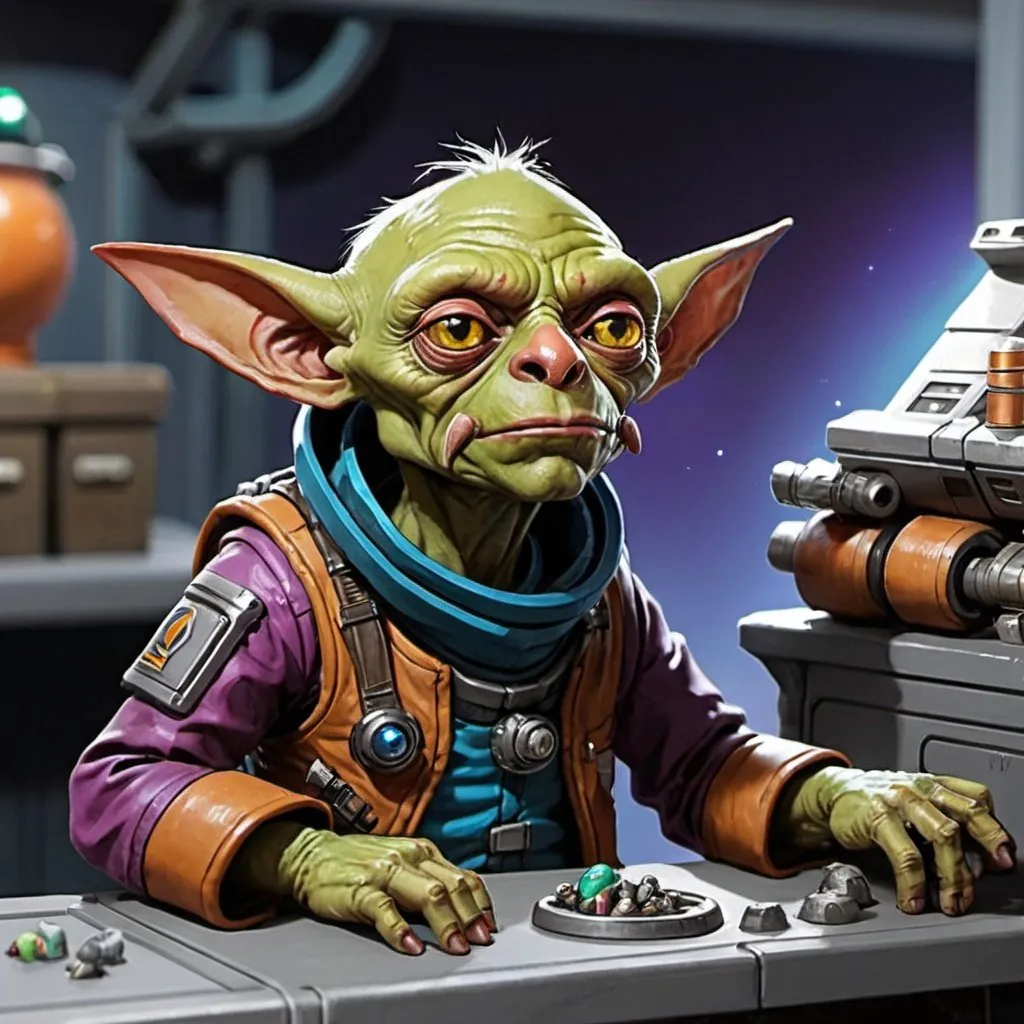 Prompt: Sci-fi starfinder space faring piazo Space-goblin shopkeep junk dealer