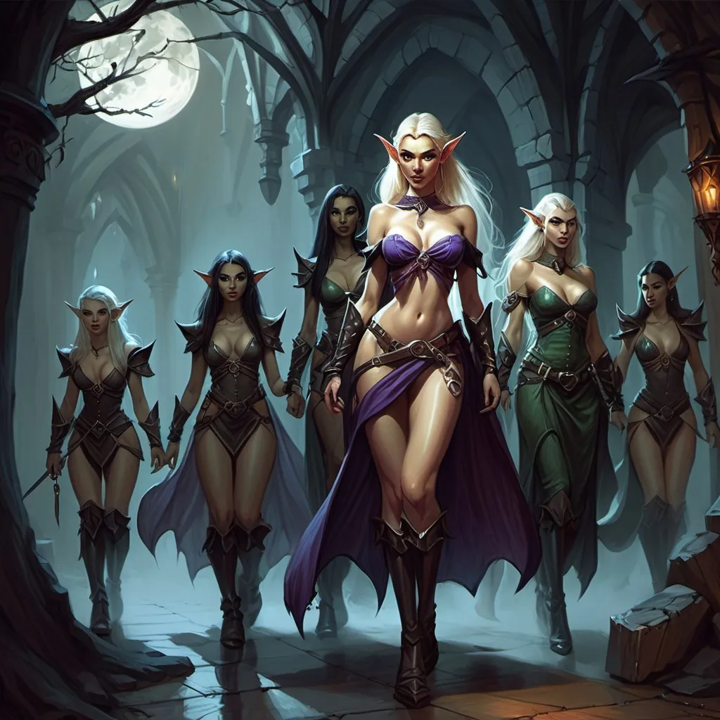 Prompt: Dungeons and dragons, fantasy art,  fantasy ladies of the night, elf escort