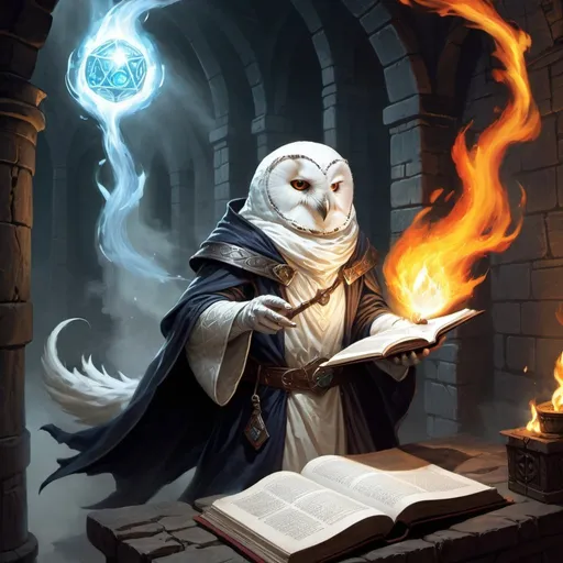 Prompt: dungeons and dragons, fantasy art, white Owlin, wizard, floating spellbook, casting fire ball, dark dank dungeon,