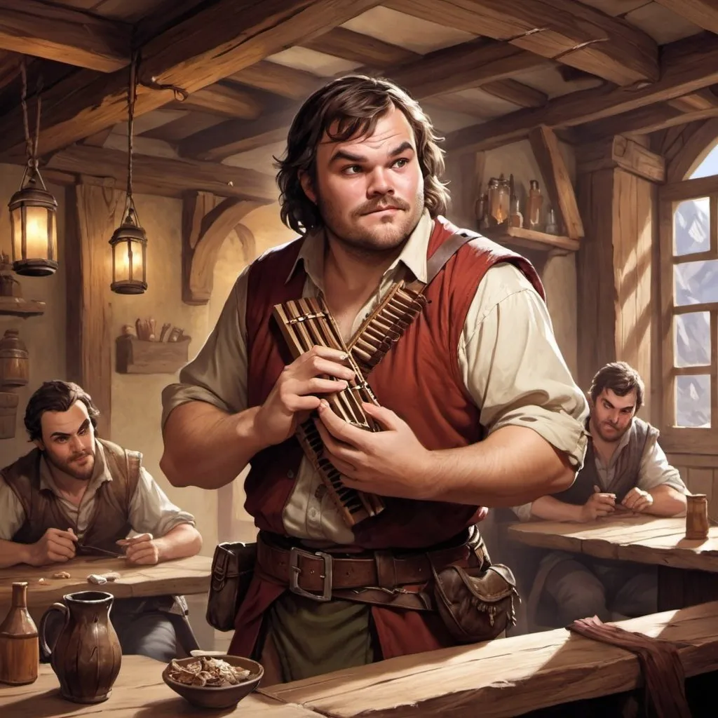 Prompt: dungeons and dragons, fantasy art, Human Male, Jack Black, bard, playing pan flute, Tavern, inn, adventurer