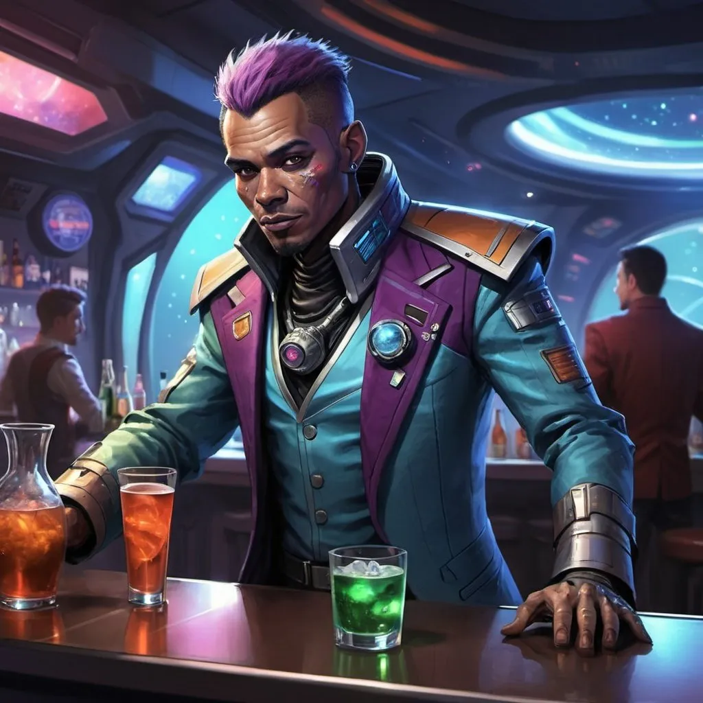 Prompt: Sci fi starfinder space faring Skinny Human man named slim night club bartender