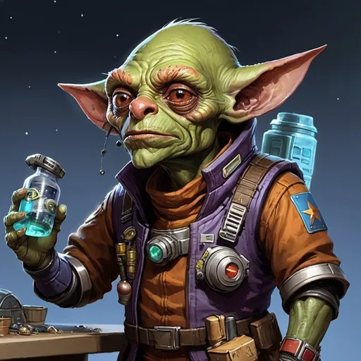 Prompt: Sci-fi starfinder space faring piazo Space-goblin shopkeep junk dealer