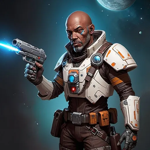 Prompt: Sci-fi starfinder space faring wite human man bounty hunter assassin with dual laser pistols