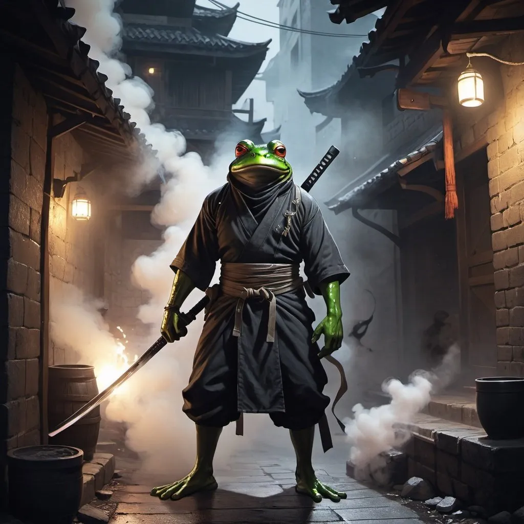 Prompt: dungeons and dragons, fantasy art, small Mutant frog man, Ninja, Stealth, White goroi, ninja-goroi, Fantasy city, night, back alley, covered face, smoke bomb in background, holding katana