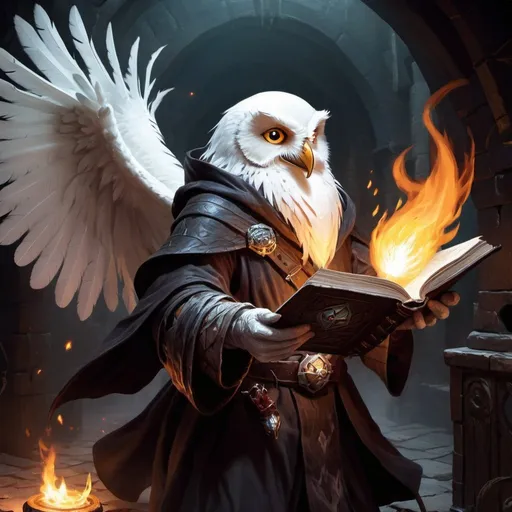 Prompt: dungeons and dragons, fantasy art, Owlin, wizard, white feathers, floating spellbook, casting fire ball, dark dank dungeon,