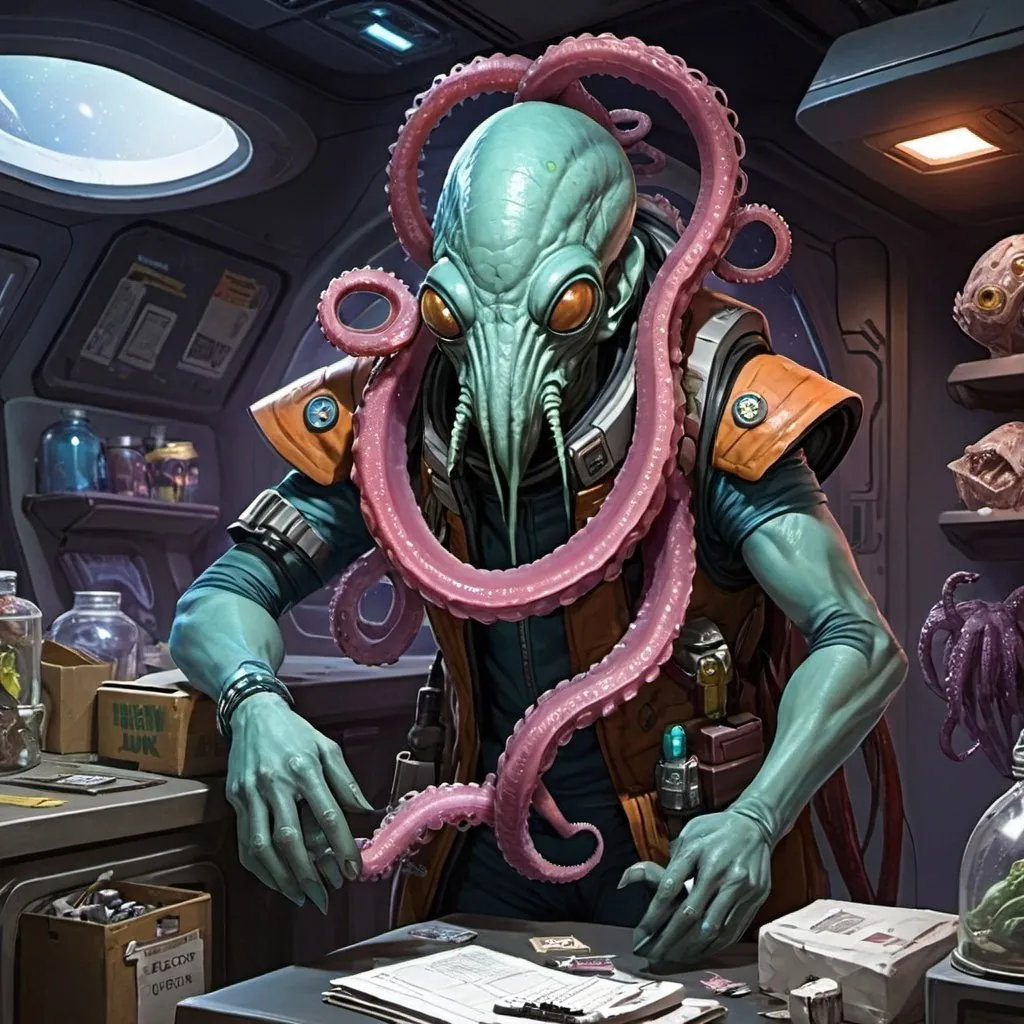 Prompt: Sci-fi starfinder space faring tentacle   alien shopkeep junk dealer