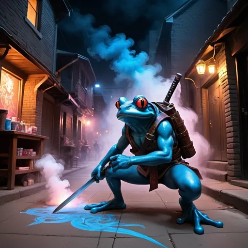 Prompt: dungeons and dragons, sidewalk chalk, chalk art, kids drawing, small Mutant frog child, frog boy, dark neon blue skin, Ninja, Stealth, White-goroi, ninja-goroi, Fantasy city, night, back alley, smoke bomb in background, wielding Japanese style katana, crouching,
