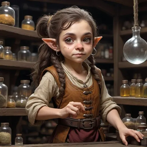 Prompt: science fiction female halfling woman shopkeeper
