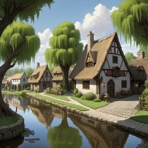 Prompt: dungeons and dragons, Fantasy art, thatch town, cobblestone street, willow tree overlooking large pond 