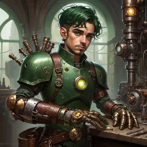 Prompt: dungeons and dragons, fantasy art, Halfling male, artificer, dark green hair, prosthetic clockwork arm, hazel eyes, workshop, tinkerer, clockwork iron-man suit, steampunk fantasy