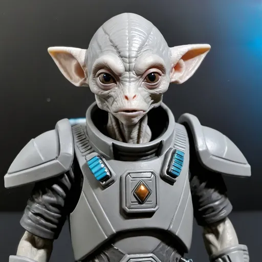 Prompt: Sci-fi starfinder space faring traditional gray alien no ears  bounty hunter