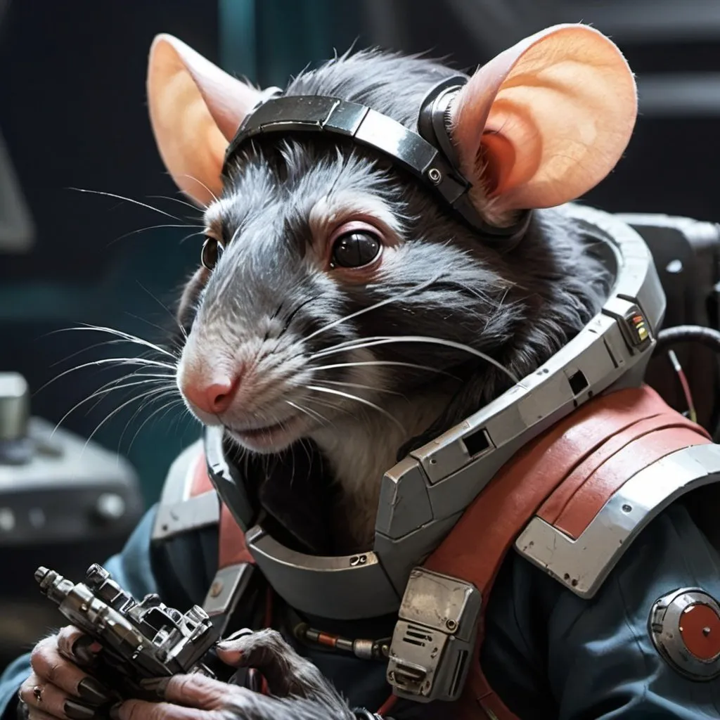 Prompt: sci fi starfinder space faring rat-person with black fur and a silver stripe across the face mechanic working on a broken drone

