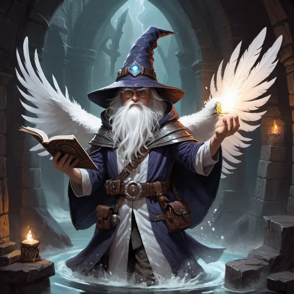 Prompt: dungeons and dragons, fantasy art, Owlin male, wizard, white feathers, floating spellbook, casting magic missle, dark dank dungeon,