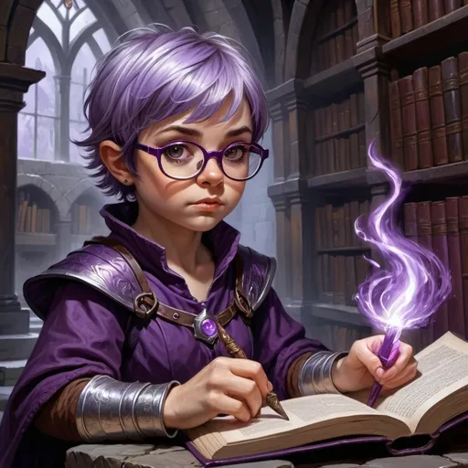 Prompt: dungeons and dragons, fantasy art, female halfling, dark purple and silver short hair, wearing glasses, wizard, casting spell, ancient library,