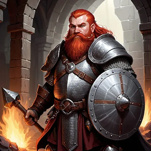 Prompt: dungeons and dragons, fantasy art, Dwarven male, short and stout, Cleric, red hair, Chain mail, Mace, shield, holy power, Dark dank dungeon,