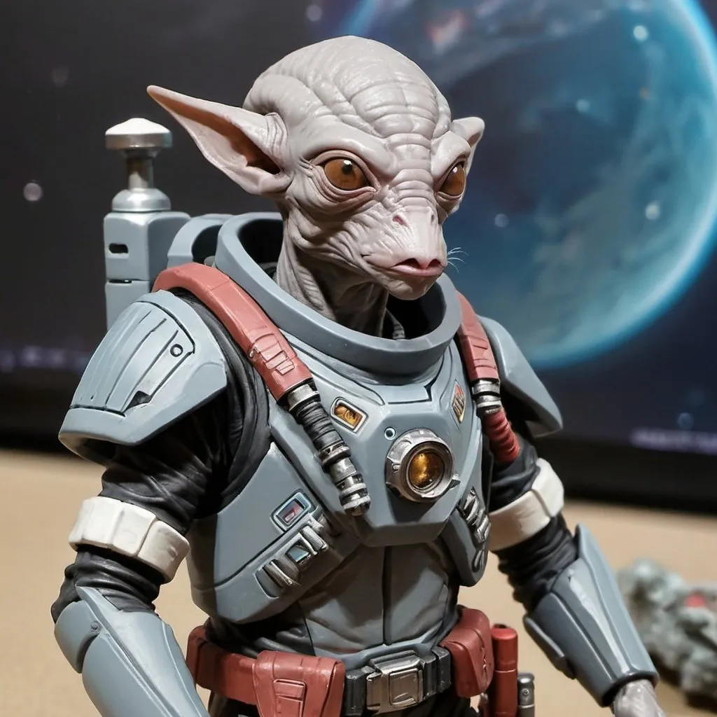 Prompt: Sci-fi starfinder space faring traditional gray alien bounty hunter