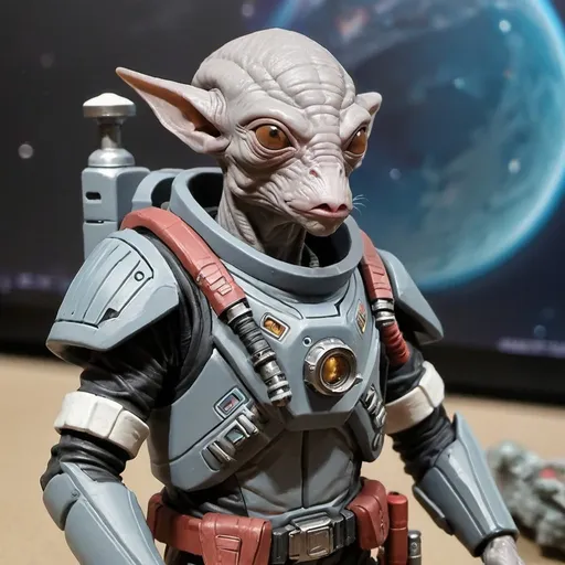 Prompt: Sci-fi starfinder space faring traditional gray alien bounty hunter