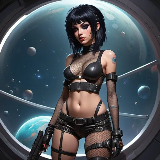 Prompt: Sci-fi starfinder space faring emo punk girl black hair bounty hunter fishnets thong