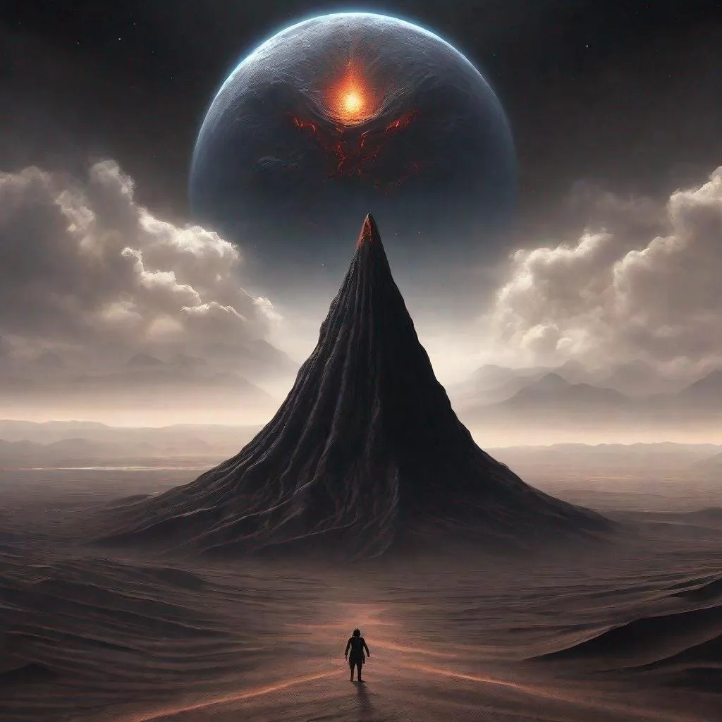 Prompt: dark fantasy landscape, dark volcanic sand, in the sky is a floating mighty dark god looking down at the landscape, thin atmosphere,  hd realistic, art, beyond the universe