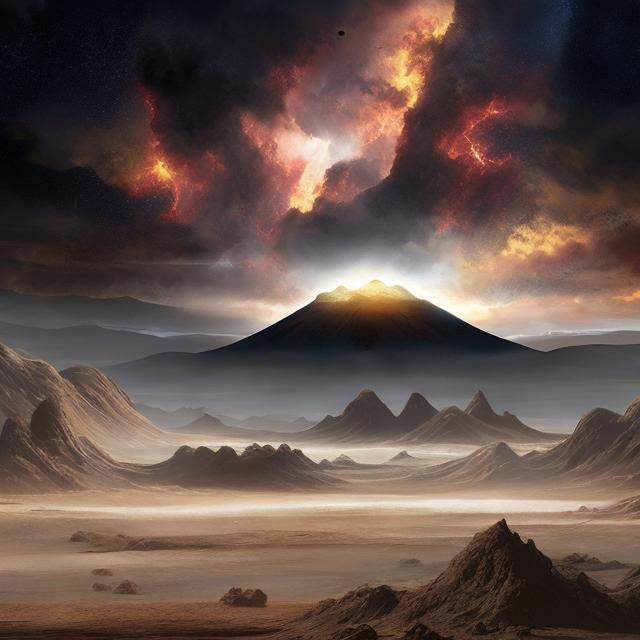 Prompt: dark fantasy landscape, dark volcanic sand, in the sky is a floating mighty dark god looking down at the landscape, thin atmosphere,  hd realistic, art, beyond the universe