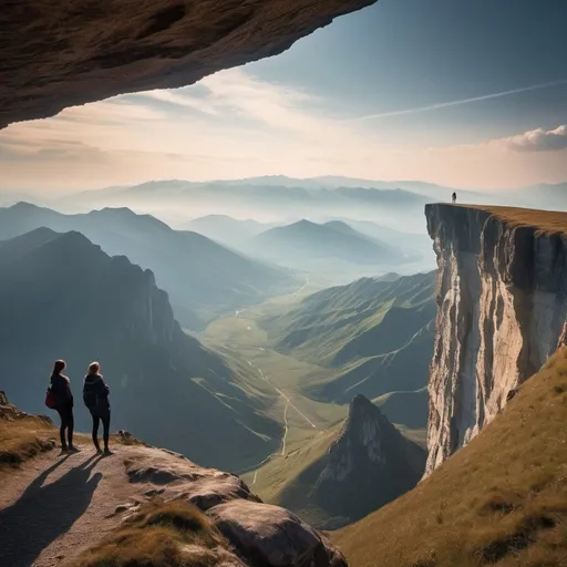 Prompt: ethereal landscape of a cliff with beutifull mountains in the distance and 2 people looking at them