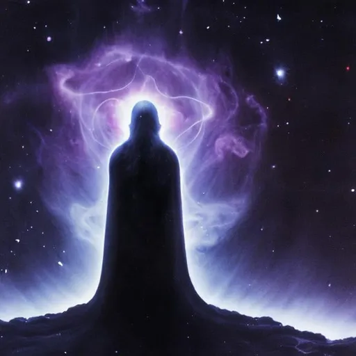 Prompt: a cosmic entity, in a void with nothing, the cosmic being is in the far distance watching the POV camera, enigmatic, the cosmic entity is made out of a dark matter nebula-like substance, dark fantasy, realistic, space