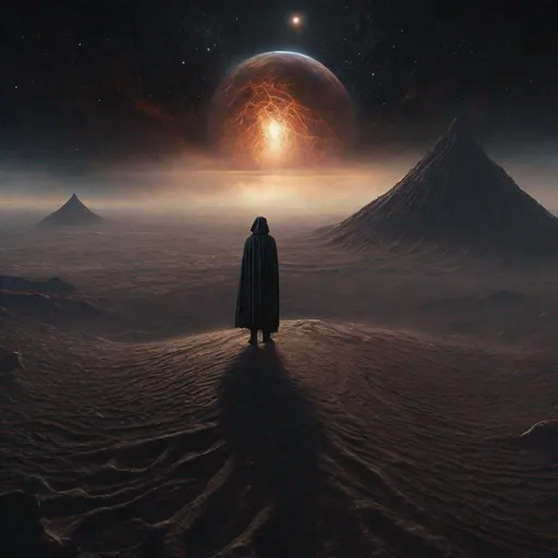 Prompt: dark fantasy landscape, dark volcanic sand, in the sky is a floating mighty dark god beyond comprehension looking down at the landscape, the dark god-like being is in space floating looking down at the landscape, thin atmosphere,  hd realistic, art, beyond the universe, cosmic horror
