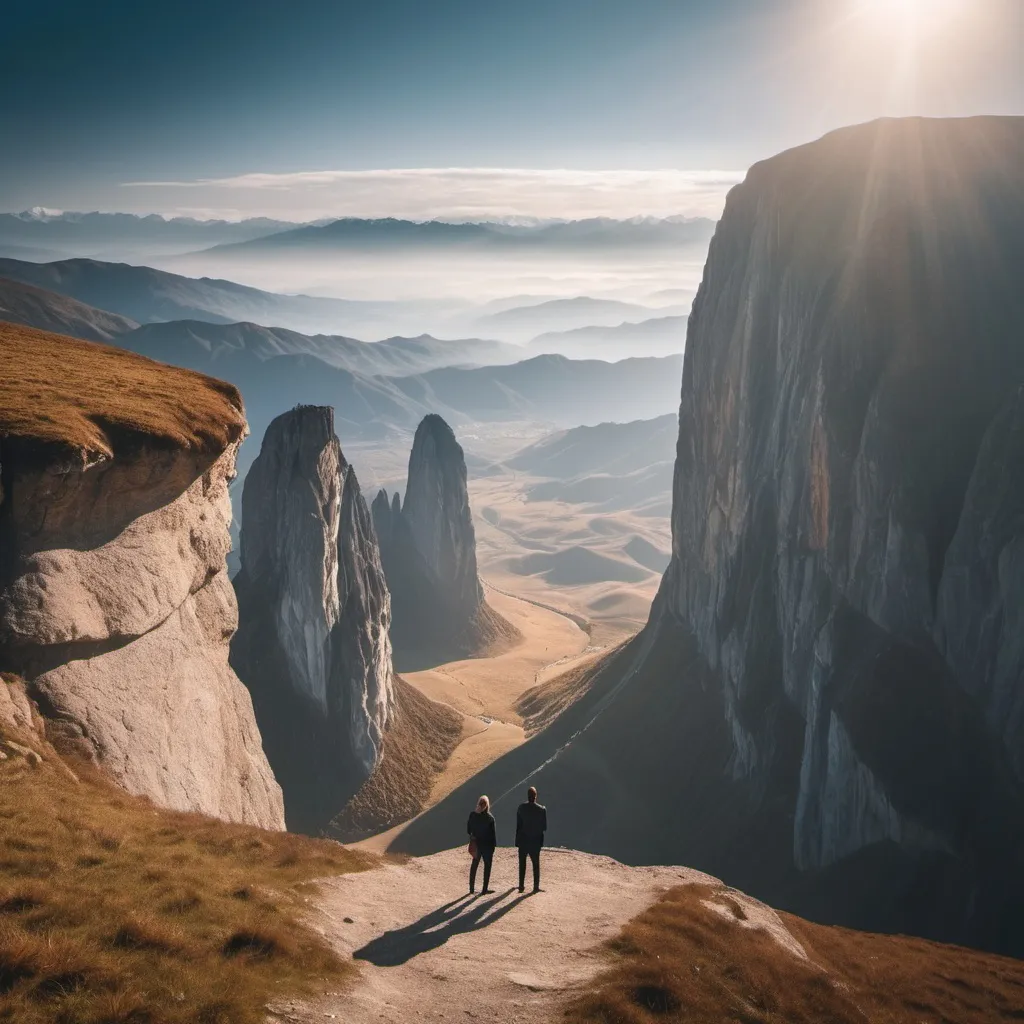 Prompt: ethereal landscape of a cliff with beutifull mountains in the distance and 2 people looking at them