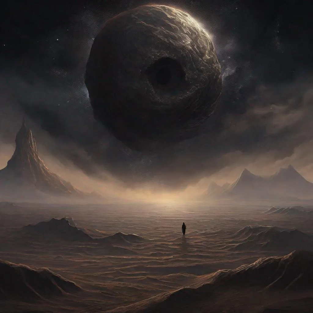 Prompt: dark fantasy landscape, dark volcanic sand, in the sky is a floating giant mighty dark god beyond comprehension looking down at the landscape, the dark god-like being is in space floating looking down at the landscape, thin atmosphere,  hd realistic, art, beyond the universe, cosmic horror, eldritch horror