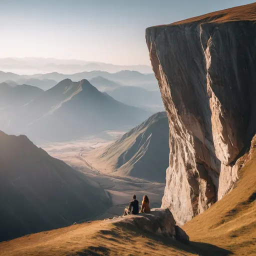 Prompt: ethereal landscape of a cliff with beautiful mountains in the distance and 2 people looking at the landscape