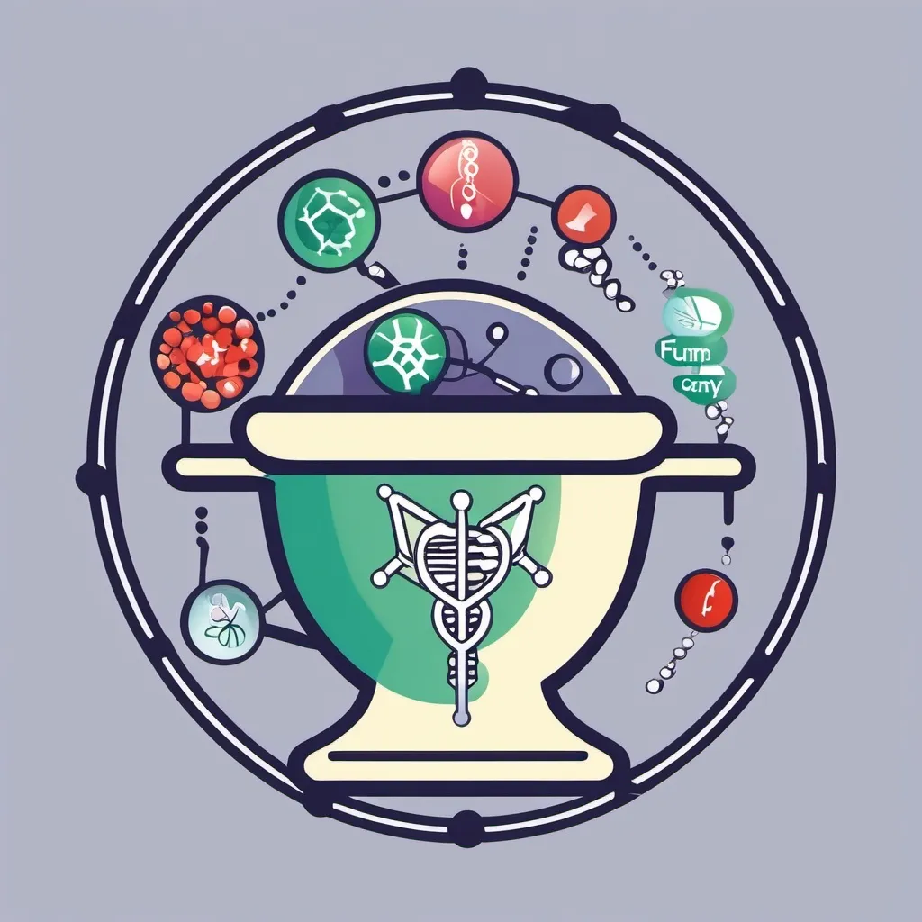 Prompt: A logo that includes the hygia cup (pharmacy icon), the icon of a antibody, a bacteria, a virus, a fungy, and a DNA