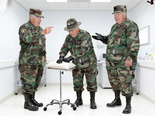 Prompt: A full body image of three 
 very old  distinguished professional looking men wearing camouflage uniforms with shiny black combat boots. One man is  wearing a military camouflage hat. One man is wearing a military style brimmed hat. All the men are wearing black rubber  gloves .  The  men are professional looking and clean shaven. One man is commanding the others and instructing what they are going to do.   They are standing in a basic well-lit medical office with white walls and a white floor  . One man  is striking a small pillow that is on on a metal stand with his black rubber gloves.  One man is giving orders to the others . Photograph in a photorealistic style, emphasizing details and depth.  