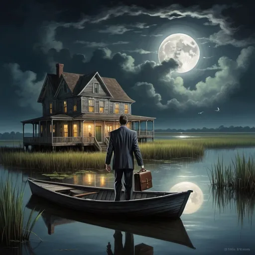 Prompt: The back of a mysterious male lawyer holding a briefcase is in a small boat approaching a dock in a Southeastern Louisiana marsh at night. A full moon is shown in the clouds.  An old house is nearby.  An alligator, turtle and frogs are nearby.  A sound of mystery is in the air.
