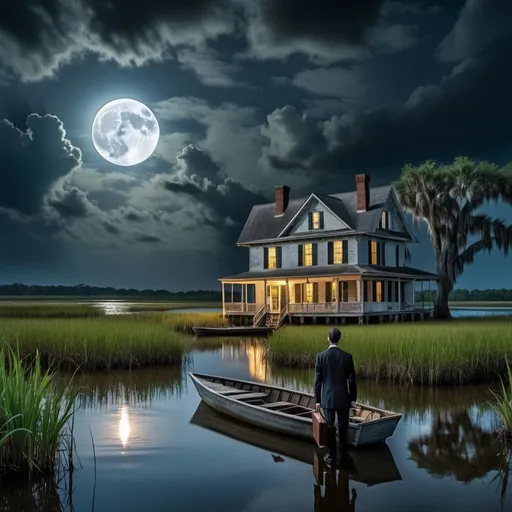 Prompt: The back of a mysterious male lawyer holding a briefcase is in a small boat approaching a dock in a Southeastern Louisiana marsh at night. A full moon is shown in the clouds.  An old house is nearby.  An alligator, turtle and frogs are nearby.  A sound of mystery is in the air.