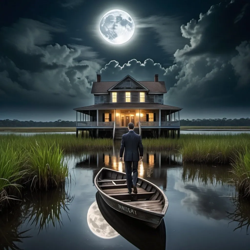 Prompt: The back of a mysterious male lawyer holding a briefcase is in a small boat approaching a dock in a Southeastern Louisiana marsh at night. A full moon is shown in the clouds.  An old house is nearby.  An alligator, turtle and frogs are nearby.  A sound of mystery is in the air.