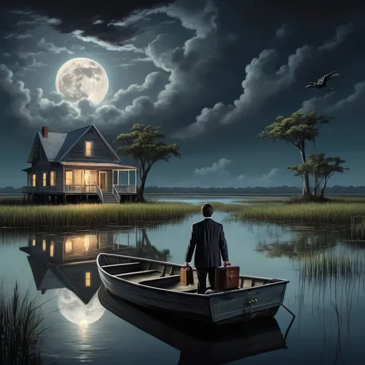 Prompt: The back of a mysterious male lawyer holding a briefcase is in a small boat approaching a dock in a Southeastern Louisiana marsh at night. A full moon is shown in the clouds.  An old house is nearby.  An alligator, turtle and frogs are nearby.  A sound of mystery is in the air.