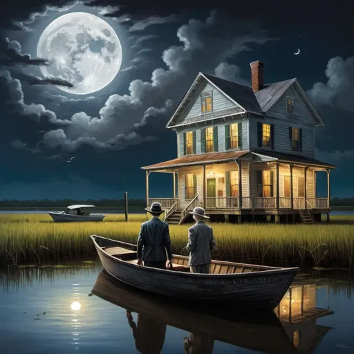 Prompt: The back of a mysterious male lawyer holding a briefcase is in a small boat approaching a dock in a Southeastern Louisiana marsh at night. A full moon is shown in the clouds.  An old house is nearby.  An alligator, turtle and frogs are nearby.  A sound of mystery is in the air. Alligator eyes are in the moonlight.  An old lady is seen in the window.