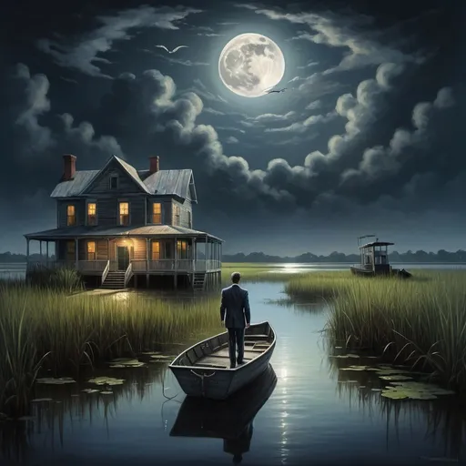 Prompt: The back of a mysterious male lawyer holding a briefcase is in a small boat approaching a dock in a Southeastern Louisiana marsh at night. A full moon is shown in the clouds.  An old house is nearby.  An alligator, turtle and frogs are nearby.  A sound of mystery is in the air.