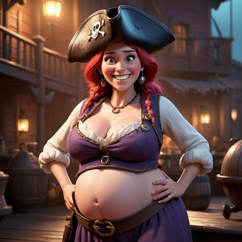 Prompt: Disney pixar character, 3d render style, beautiful female pirate, evil laugh, cinematic colors, disproportionately huge pregnant belly