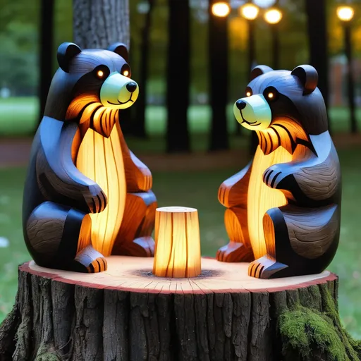 Prompt: three bears wooden carving statues on tree stump with glowing eyes in the park 