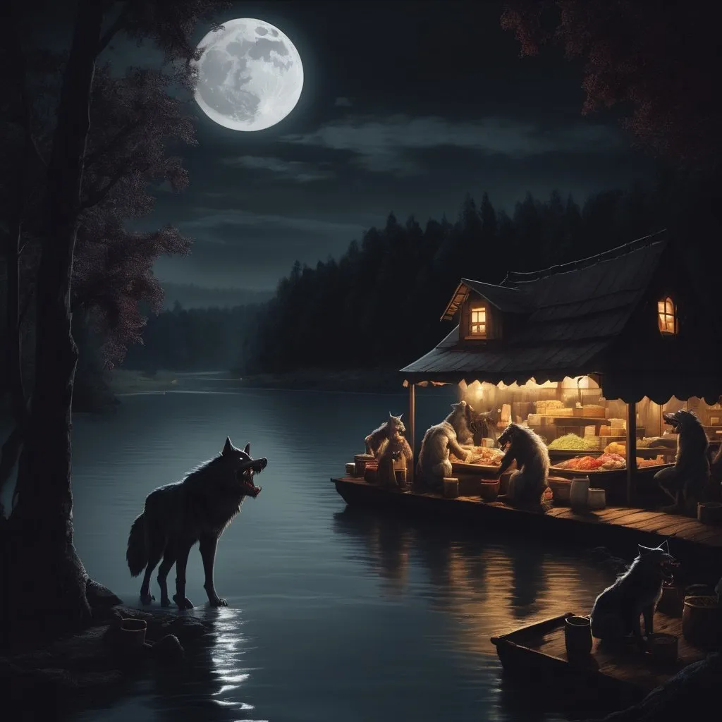 Prompt: Werewolves in the foods by a river, night time, full moon. Dark Fantasy 