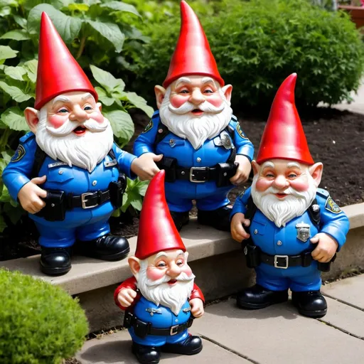 Prompt: Police arresting garden gnomes 