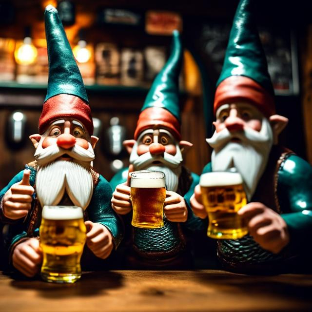 Prompt: Bearded gnomes drinking beer in a pub