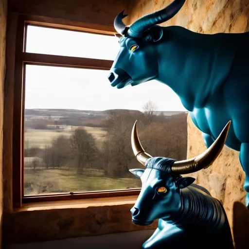 Prompt: Minotaur looking out of the window 