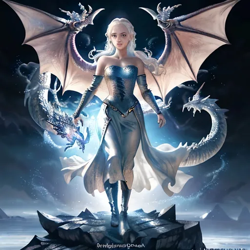 Prompt: Daenerys Targryen with a sparkling crystal ice dragon, photorealistic, fantasy, cool colours, Beautiful, light dust Anime style