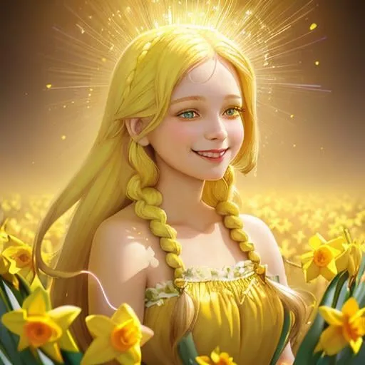 Prompt: Smiling daffodil girl in yellow petals and bright cheeks, long blonde braids flower hair colourful, 3D hyperdetailed surreal sparkling light dust golden hour