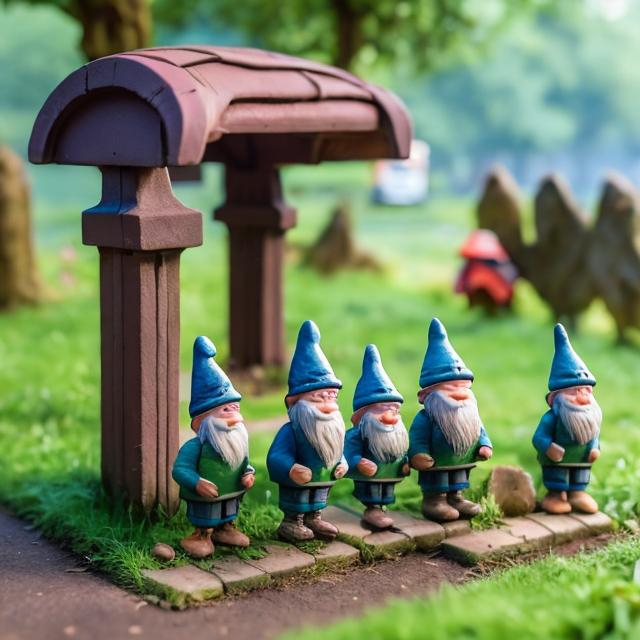 Prompt: Several gonks gnomes waiting for the bus under a wooden bus shelter by the woods and a lane 