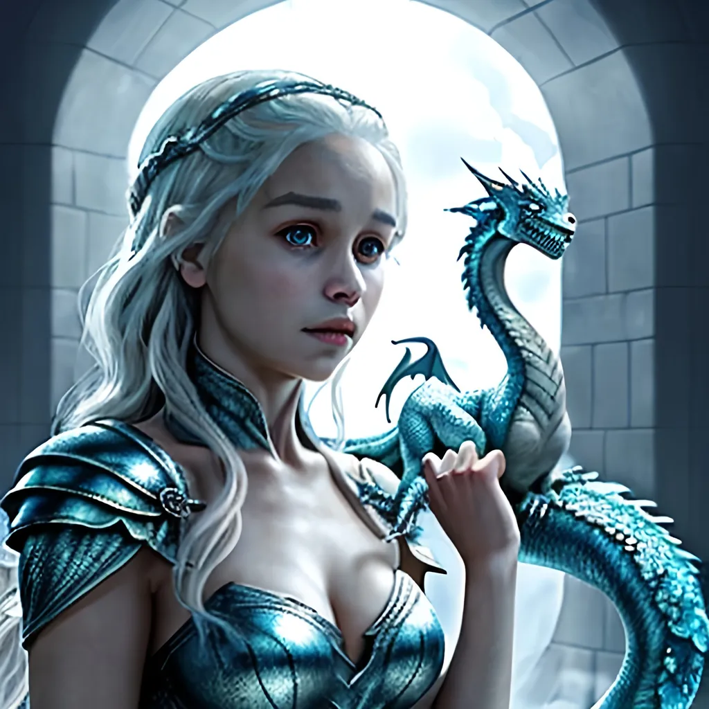 Prompt: Daenerys Targryen with a sparkling crystal ice dragon, photorealistic, fantasy, cool colours, Beautiful, light dust Anime style