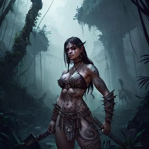 Prompt: Beautiful tattooed barbarian woman in ancient ruin city in the jungles of Sothoryos, dark fantasy, fantastical, surreal, dreamy, dreamcore, twilight, Shadow depth, digital art, hyperdetailed